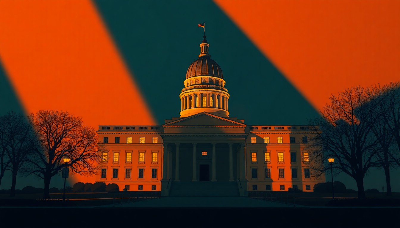 A photorealistic painting of a state capitol building in a warm, golden light, with deep shadows and a sense of solitude and contemplation, capturing the weight and significance of political institutions.