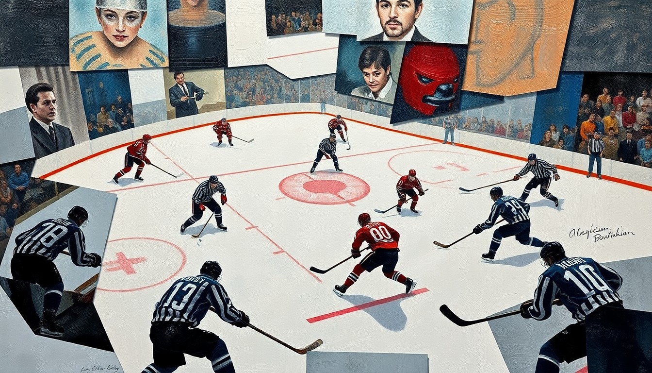 A cubist, fractured painting depicting the dynamic motion and action of a hockey game, with players, pucks, and equipment broken down into sharp, overlapping geometric shapes and planes of color.