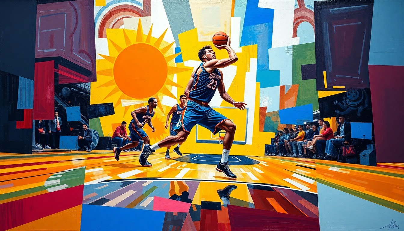 A fragmented, geometric painting depicting the movements and actions of a basketball player on the court, with sharp planes of color representing the Suns and Mavericks uniforms.