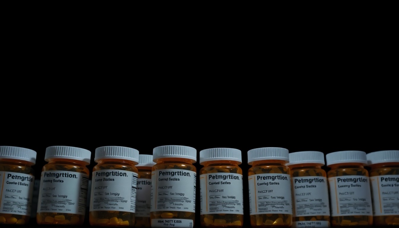 An extreme close-up of a stack of generic prescription drug bottles, lit by a harsh, direct flash against a black background, creating a stark, gritty, investigative aesthetic that conceptually represents the fraud and theft at the center of this story.