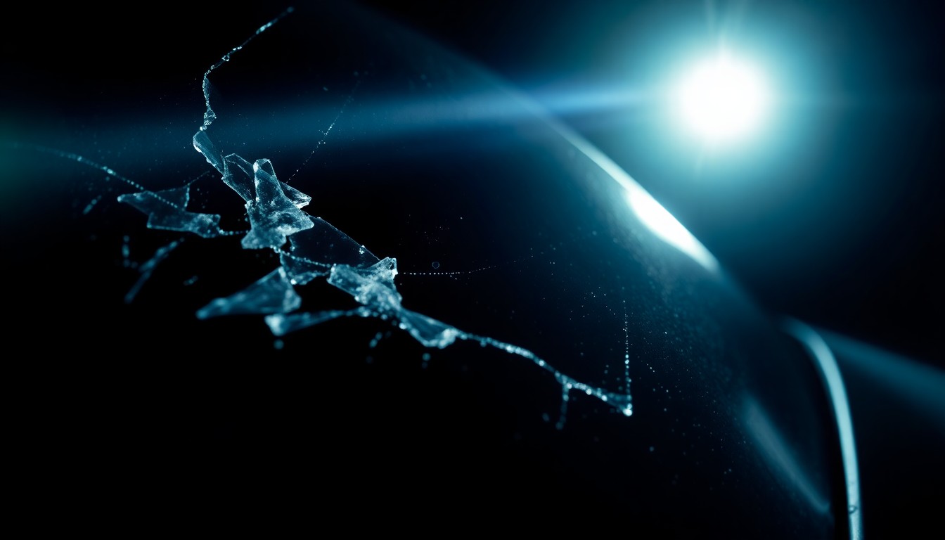 An extreme close-up photograph of a shattered car window or damaged vehicle sensor, capturing the stark, gritty aftermath of a confrontation between federal agents and a suspected criminal.