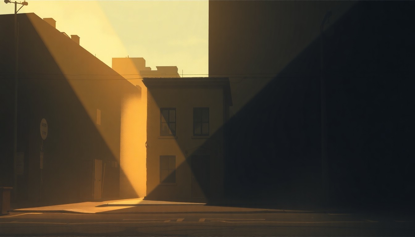 A serene, cinematic painting of a solitary urban building in warm, golden light, conveying a sense of nostalgia and the passage of time, conceptually representing the complex issues surrounding the proposed reversal of Minneapolis' bathhouse ban.