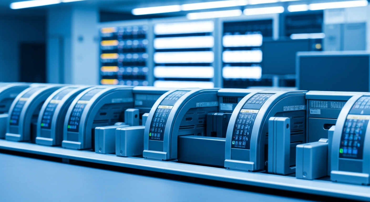 A highly detailed, black-and-white close-up image of various computer components and banking hardware, conveying the industrial might and technological backbone of the financial sector.