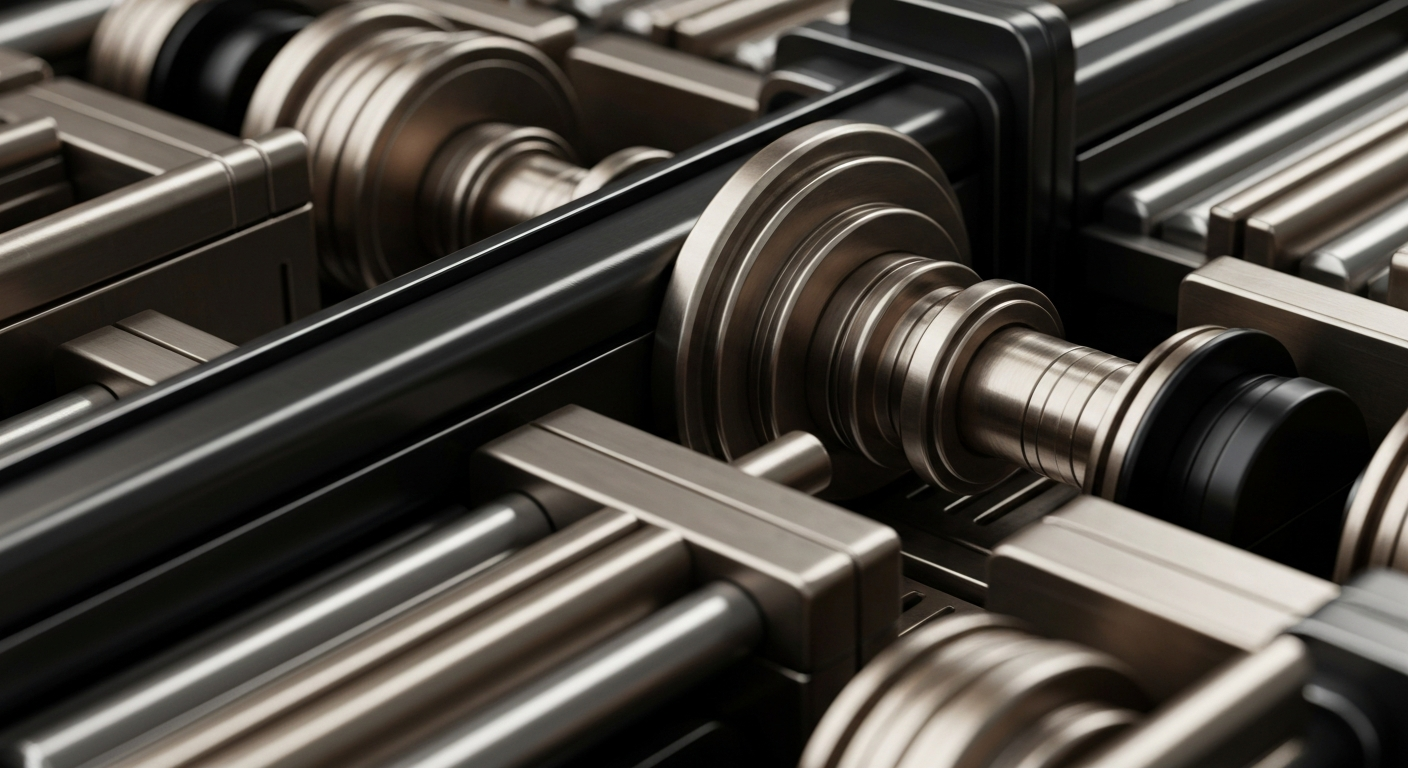 An extreme close-up of heavy, metallic banking equipment and machinery, conveying the secure, institutional nature of regional banking without using literal currency or financial charts.