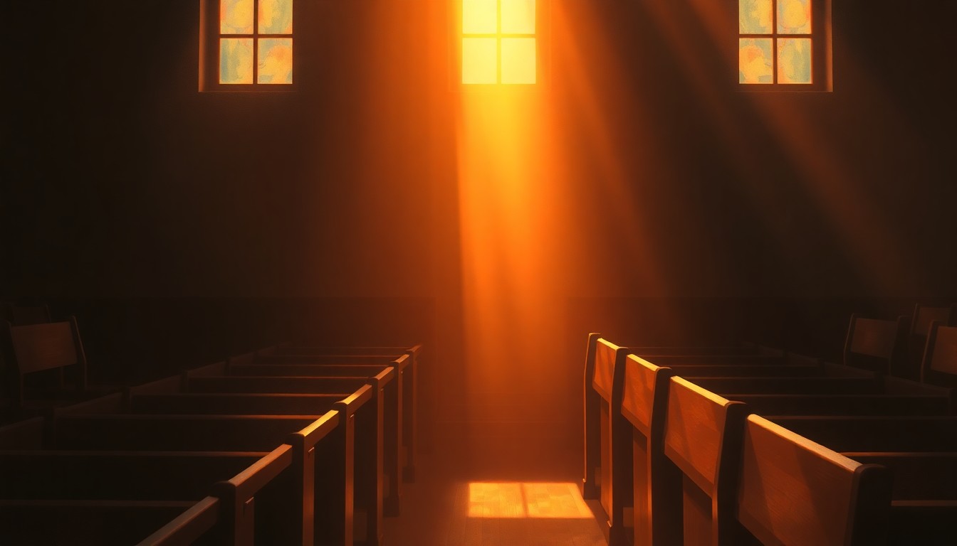 A serene, cinematic painting of an empty church pew in warm, golden light, conveying a sense of contemplation and the enduring impact of the civil rights movement.