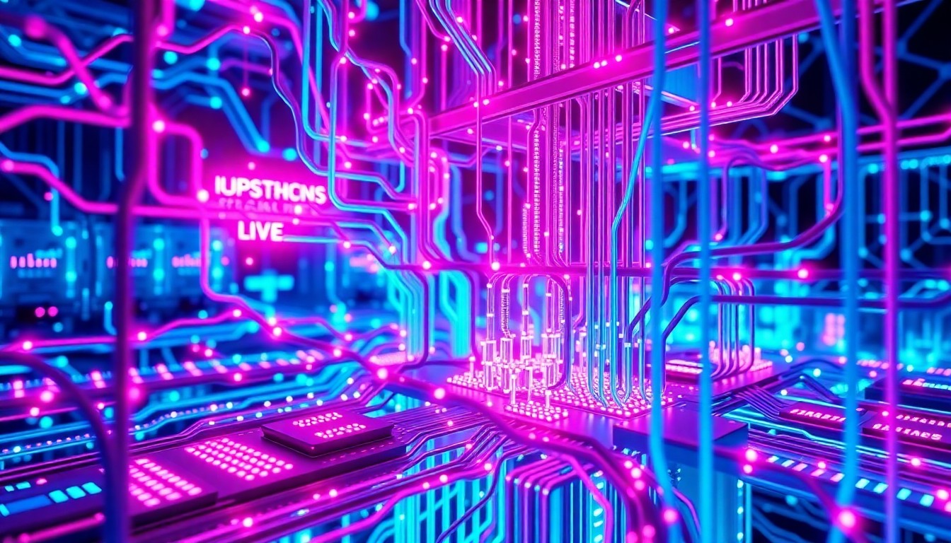 A highly detailed, glowing 3D illustration of an intricate AI neural network architecture, with illuminated circuit boards, fiber optic cables, and data processing units in a palette of neon cyan, magenta, and electric blue, conceptually representing the complex technological infrastructure powering xAI's AI models.