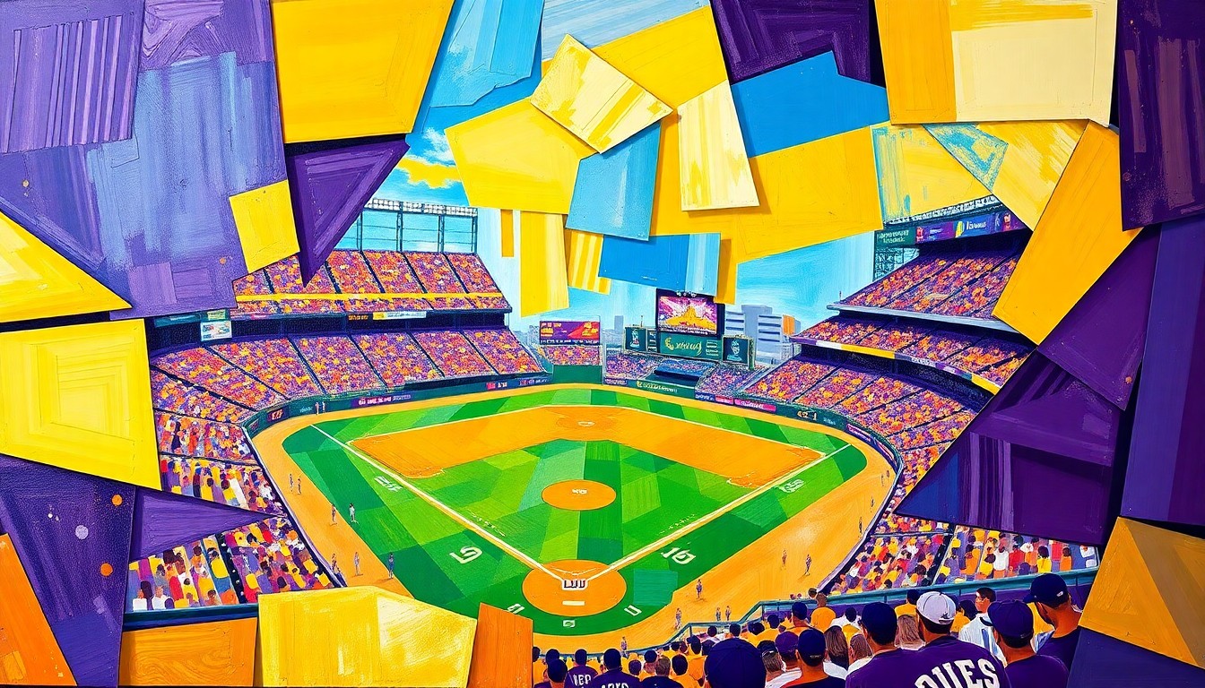 A fragmented, geometric painting in shades of purple and gold, representing the dynamic action and tension of a baseball game.