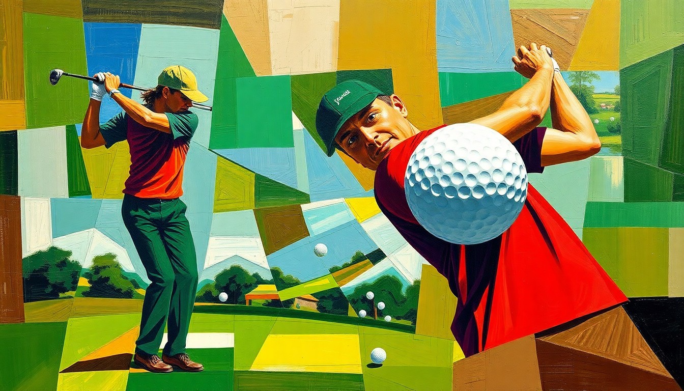 A fractured, multi-perspective painting depicting a golfer's swing and the flight of a golf ball, broken down into sharp, overlapping geometric planes in vibrant greens, browns, and blues, conceptually representing the complex debate over distance in the sport of golf.
