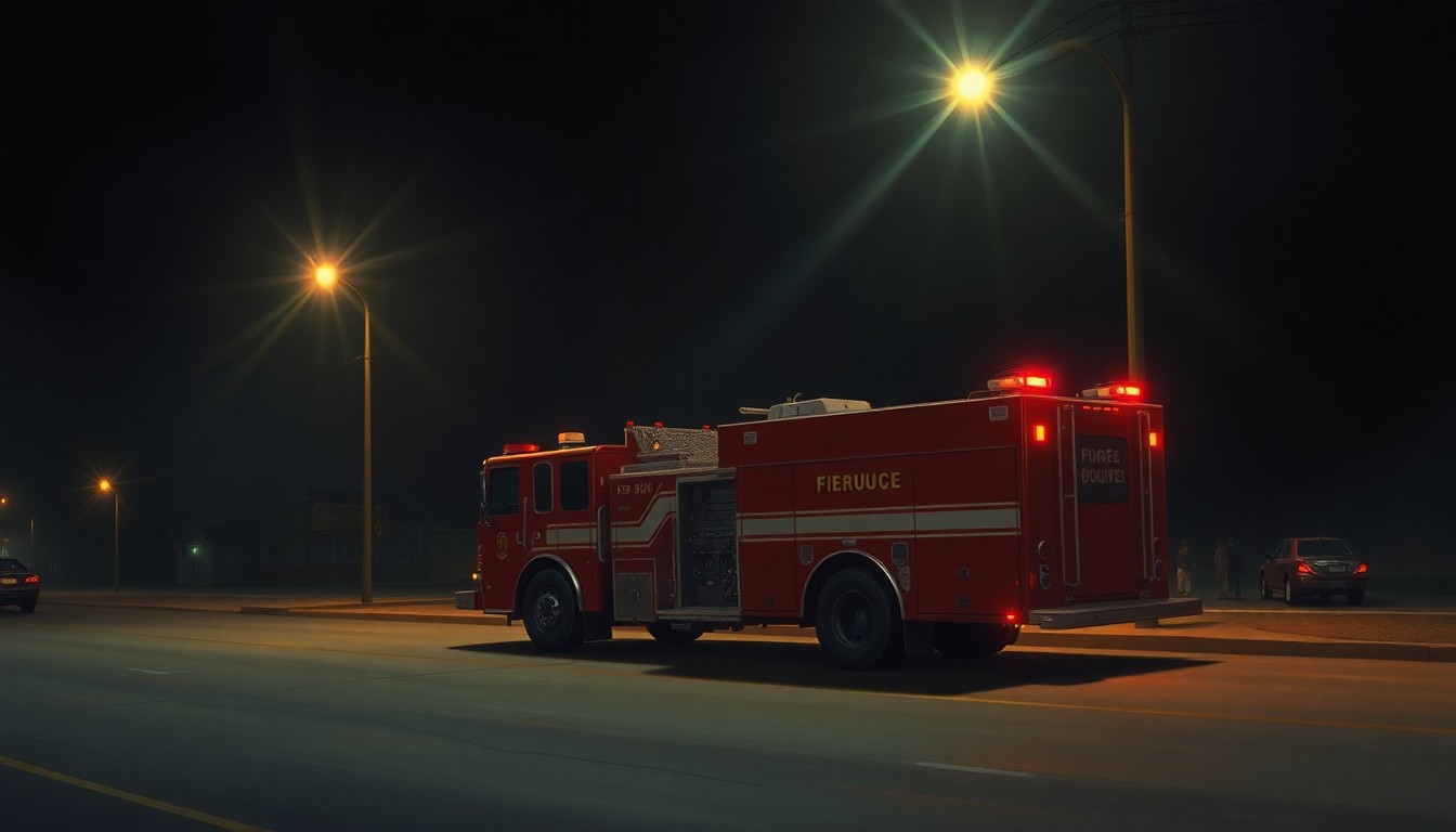 A moody, atmospheric painting of a solitary fire engine parked on a dimly lit urban street, with warm light and deep shadows creating a pensive, cinematic mood that evokes the challenges facing local emergency services.