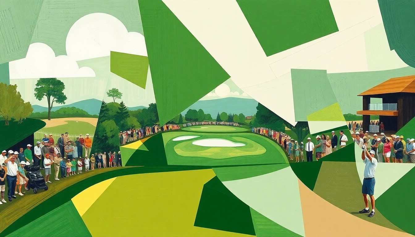 A fragmented, geometric painting depicting a golf course scene with overlapping planes of green fairways, white bunkers, and tan sand, conveying the conceptual uniqueness of the Masters tournament.