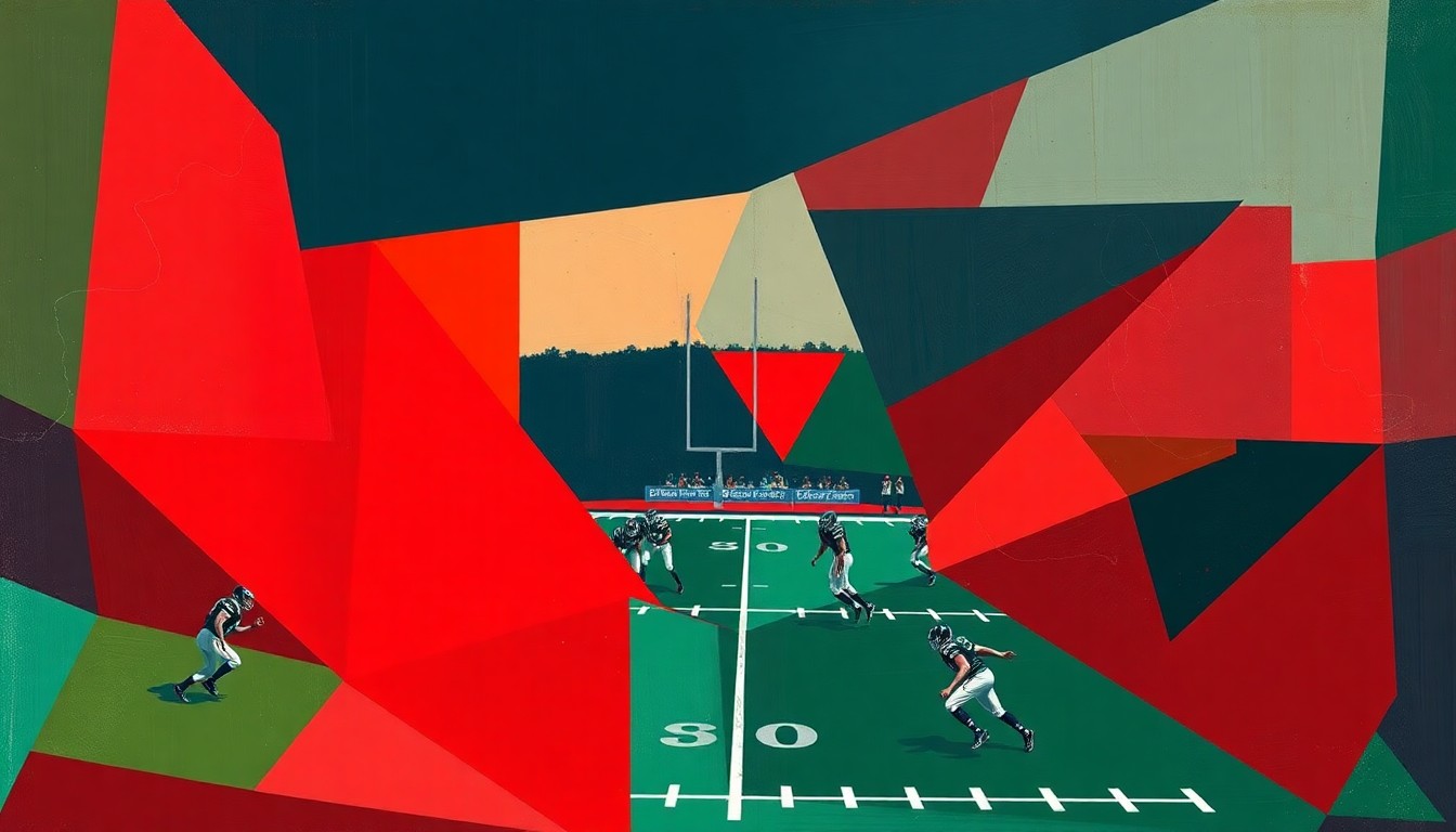 A cubist, geometric painting depicting a high school football game, with sharp, overlapping planes of color representing the dynamic action on the field.