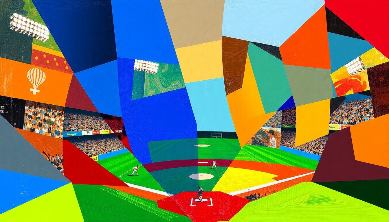 A cubist, multi-perspective painting featuring sharp, overlapping geometric shapes in the team colors of the two college baseball programs, conveying the competitive spirit and drama of their closely fought game.