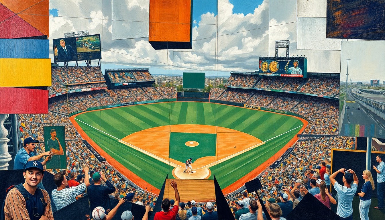 A cubist-style painting featuring overlapping geometric shapes and planes in shades of blue, green, and red, conceptually representing the dynamic action and competing perspectives of a close baseball game.