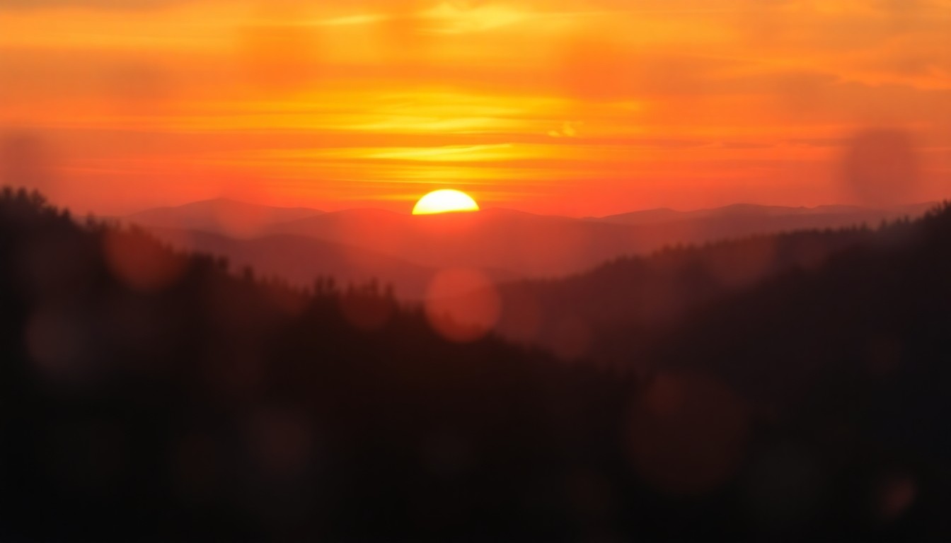 An extremely abstracted, out-of-focus photograph in warm, soft pools of light and color, capturing a dramatic sunset over the Blue Ridge Mountains with the historic Beaucatcher Cut framing the scene, creating a dreamlike, atmospheric quality.