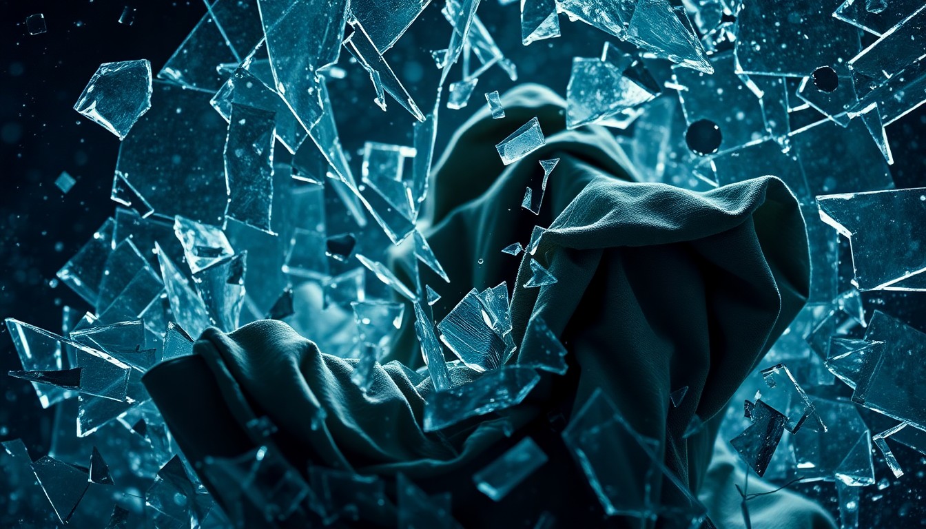 An extreme close-up of shattered glass and crumpled fabric in high-contrast studio lighting, conceptually representing the shattered lives and resilience of the victims in the true crime series.