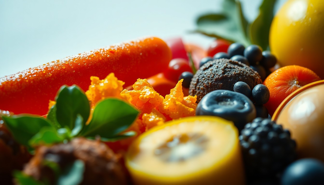 An extreme close-up of lush, textured organic produce and herbs in a variety of bright, saturated colors, conceptually representing the joyful energy of a community festival.