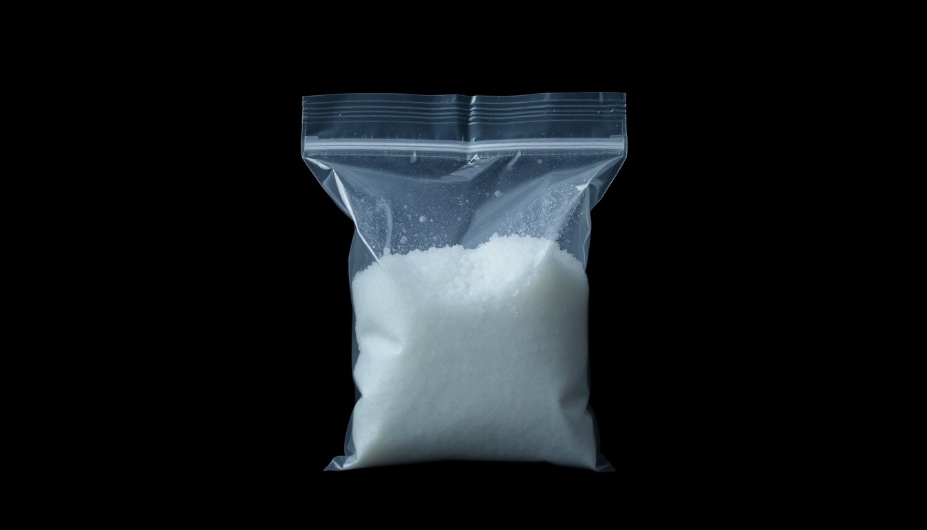 An extreme close-up photograph of a small plastic bag containing a white crystalline powder, conceptually representing the dangerous drugs at the center of a major drug trafficking case.