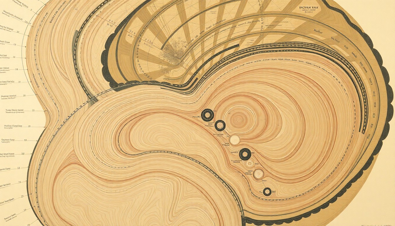 A bold, highly structured abstract painting in muted earth tones, featuring sweeping geometric arcs, intersecting waveforms, and precise botanical or physical spirals, conceptually representing the complex geological forces that shape the planet's crust.