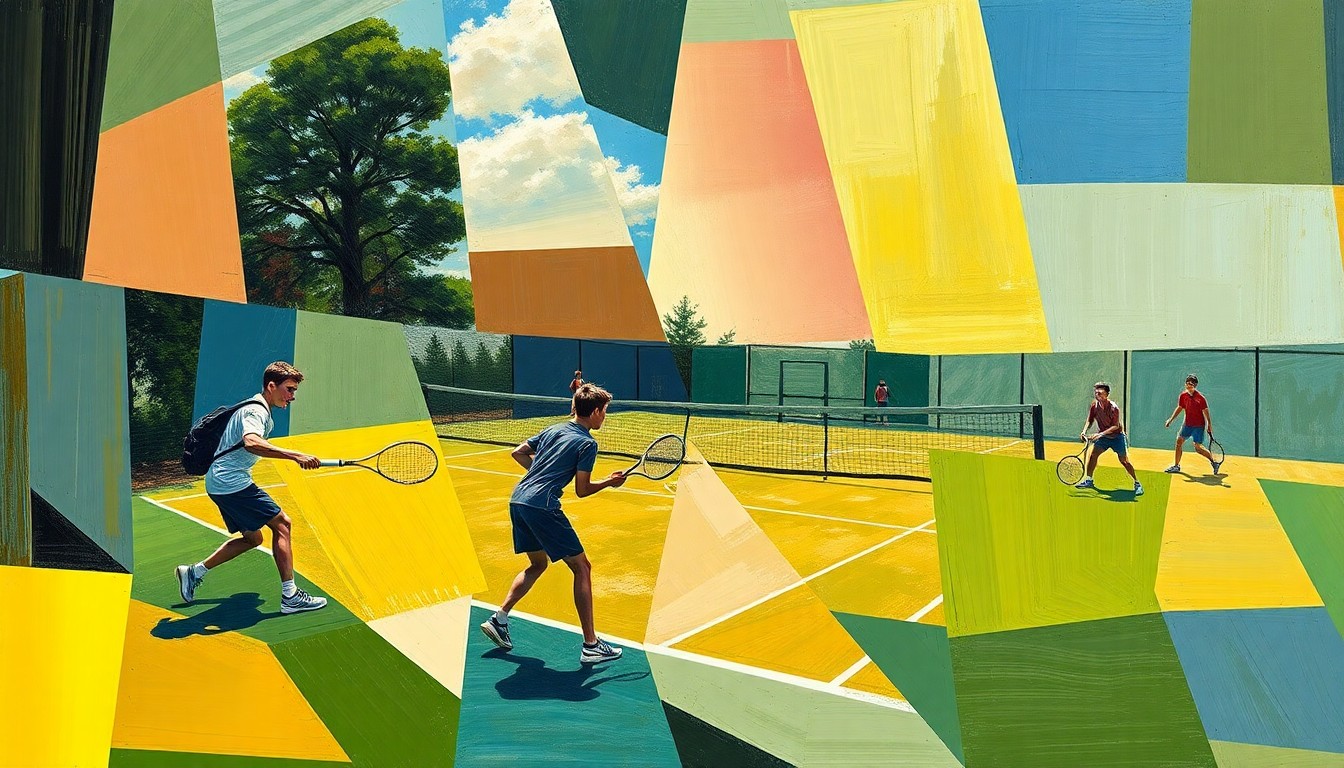 A cubist, geometric painting depicting a high school tennis match, with the players and court broken down into sharp, overlapping planes of color and form.
