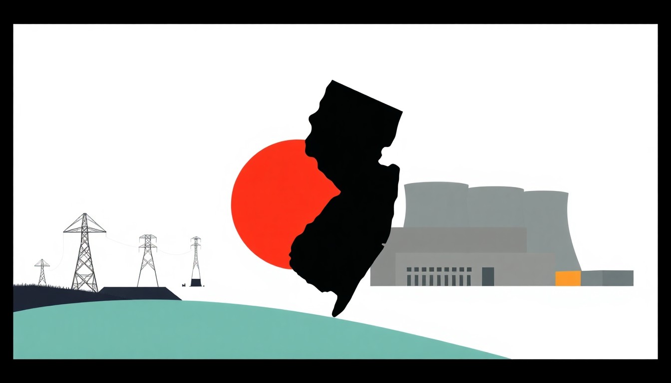 A minimalist illustration composed of bold, geometric shapes in shades of blue, yellow, and red, conceptually representing the state of New Jersey's shift towards nuclear power generation as part of its energy strategy.