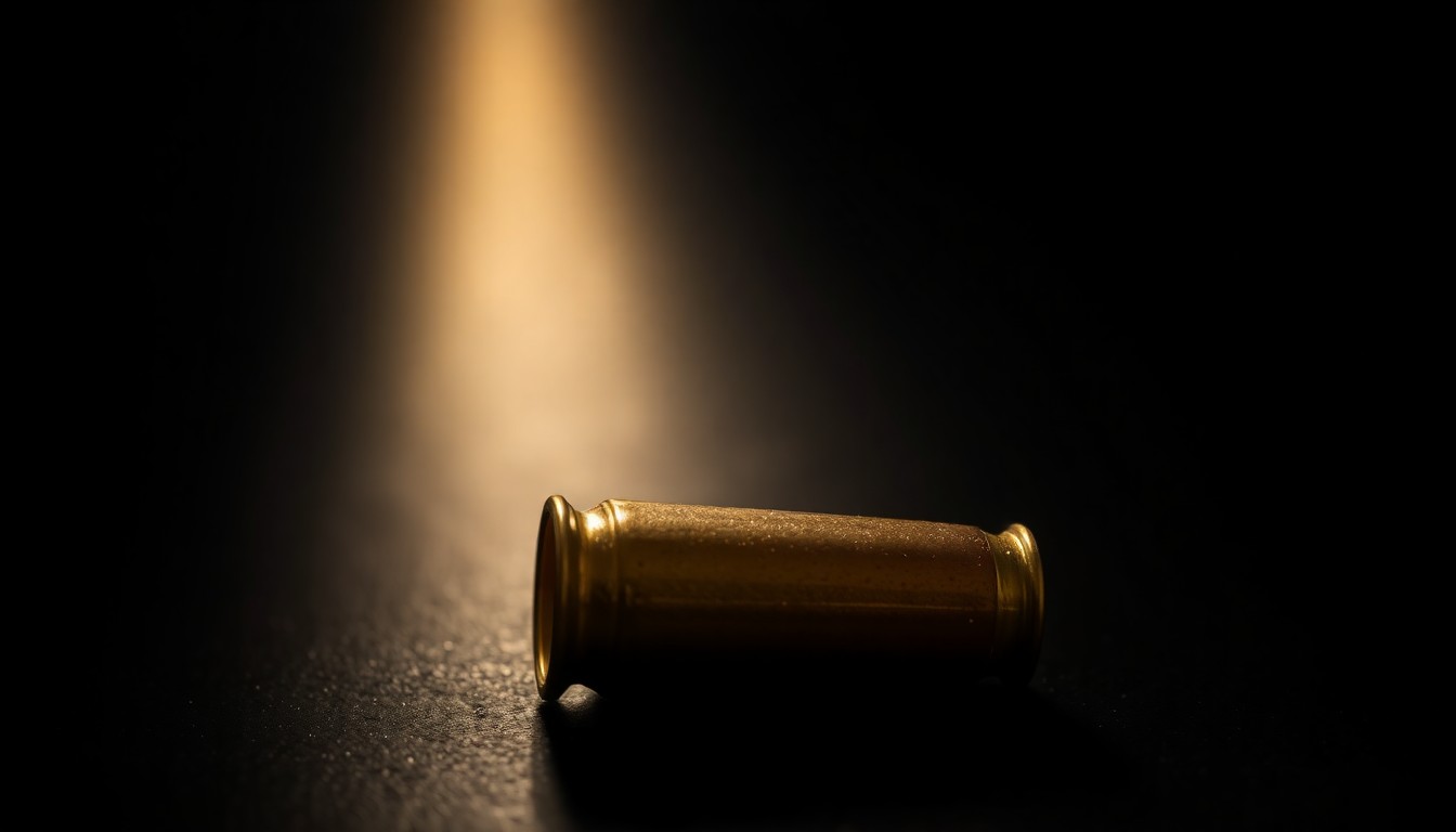 An extreme close-up photograph of a single spent shell casing on a dark surface, lit by a harsh, direct camera flash, conceptually representing the evidence gathered in the investigation of a violent crime.