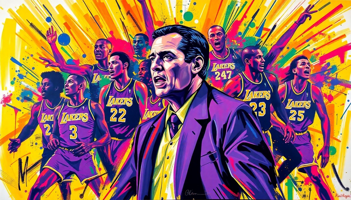 An extreme close-up of a basketball court rendered in a vibrant, expressionist style, with abstracted figures in Lakers colors and the faint outline of a coach's silhouette emerging from the chaos, conceptually representing the passion and energy Cooper will bring to the Cal State LA program.