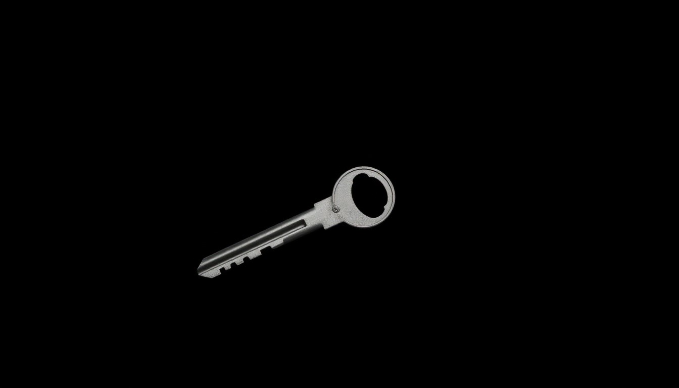 An extreme close-up photograph of a boat key against a pitch-black background, lit by a harsh, direct camera flash, conceptually representing the investigation into a mysterious disappearance at sea.