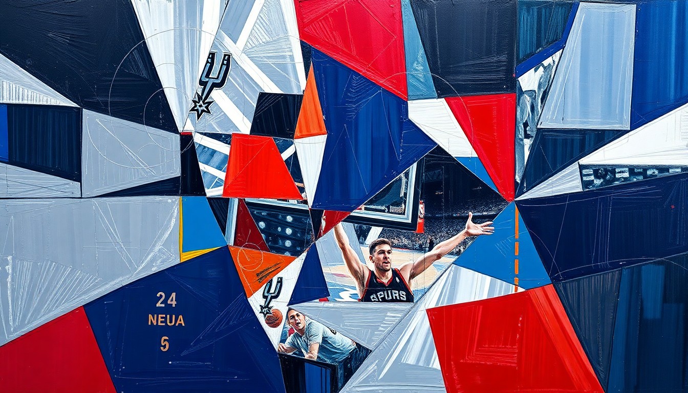 A fractured, geometric painting in vibrant blues, silvers, and reds, dynamically capturing the action and energy of a Spurs basketball game without any identifiable players or logos.