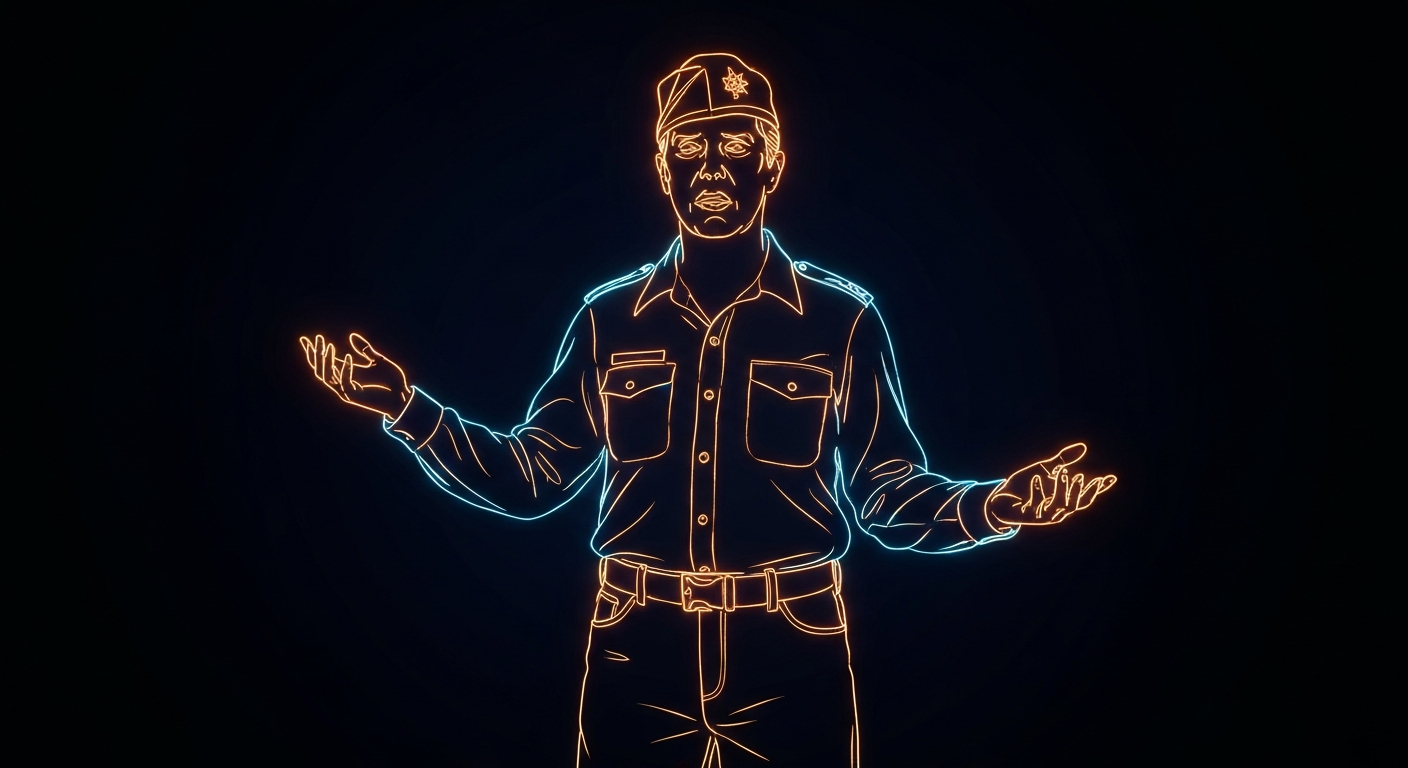 A glowing neon outline of a veteran's silhouette, their body language conveying a sense of openness and vulnerability, set against a dark background to emphasize the vibrant energy of the neon lines.