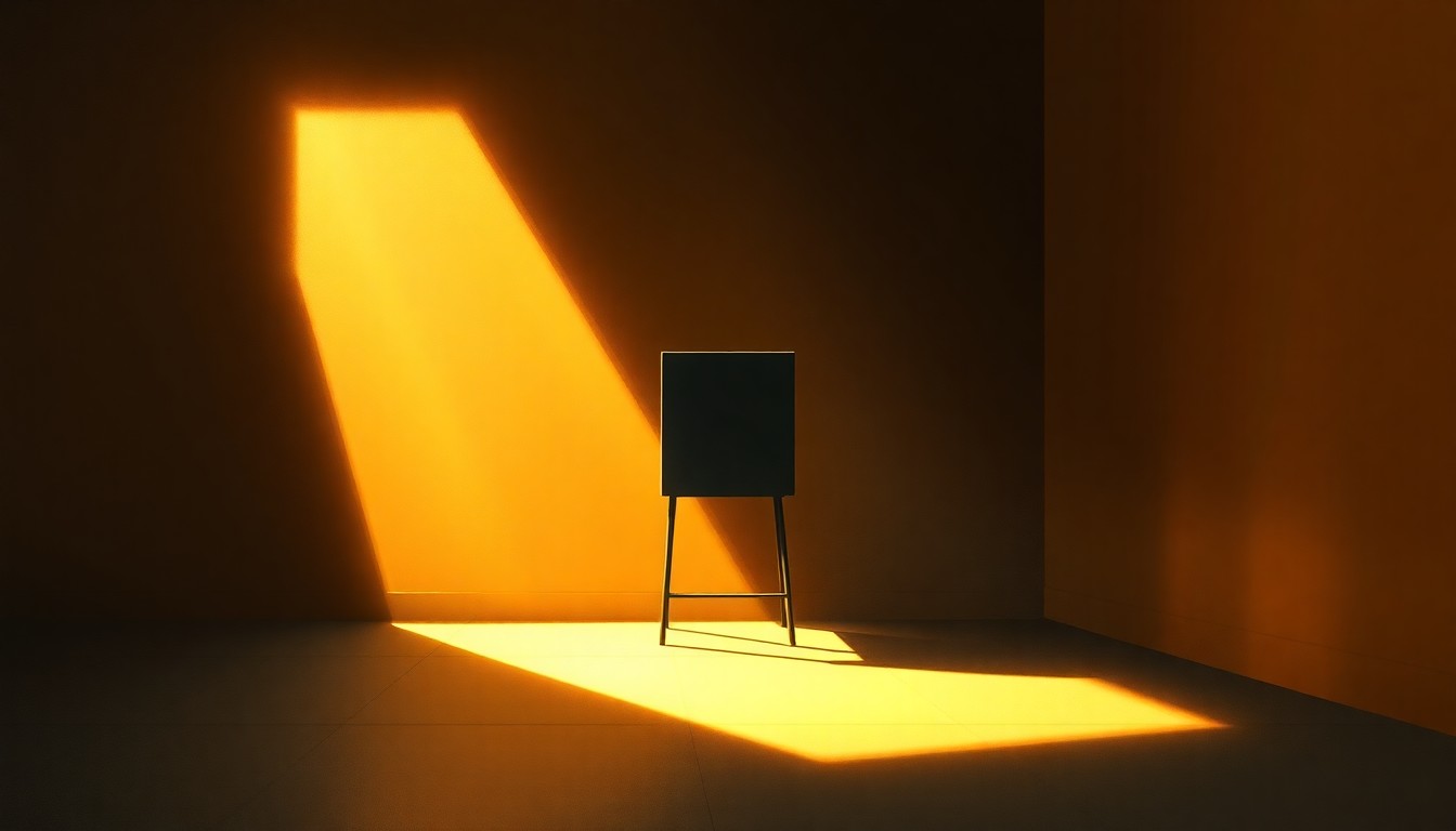 A serene, nostalgic painting of a lone ballot box or voting booth set against a backdrop of warm, golden light and deep shadows, conveying the quiet importance of local democracy.