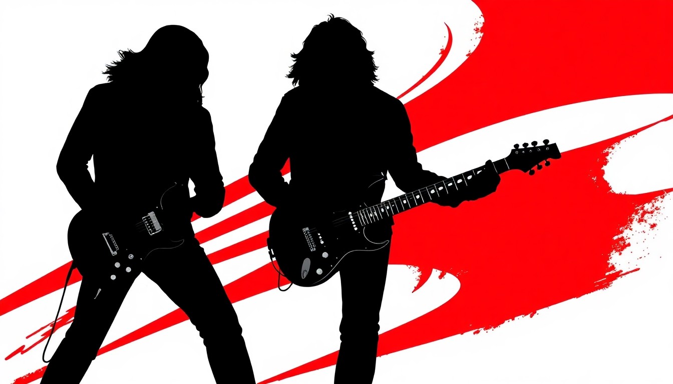 A minimalist, abstract illustration using bold black shapes and high-contrast red and white colors to conceptually represent the iconic guitar and rock music imagery associated with Gary Richrath and his work with the band REO Speedwagon.