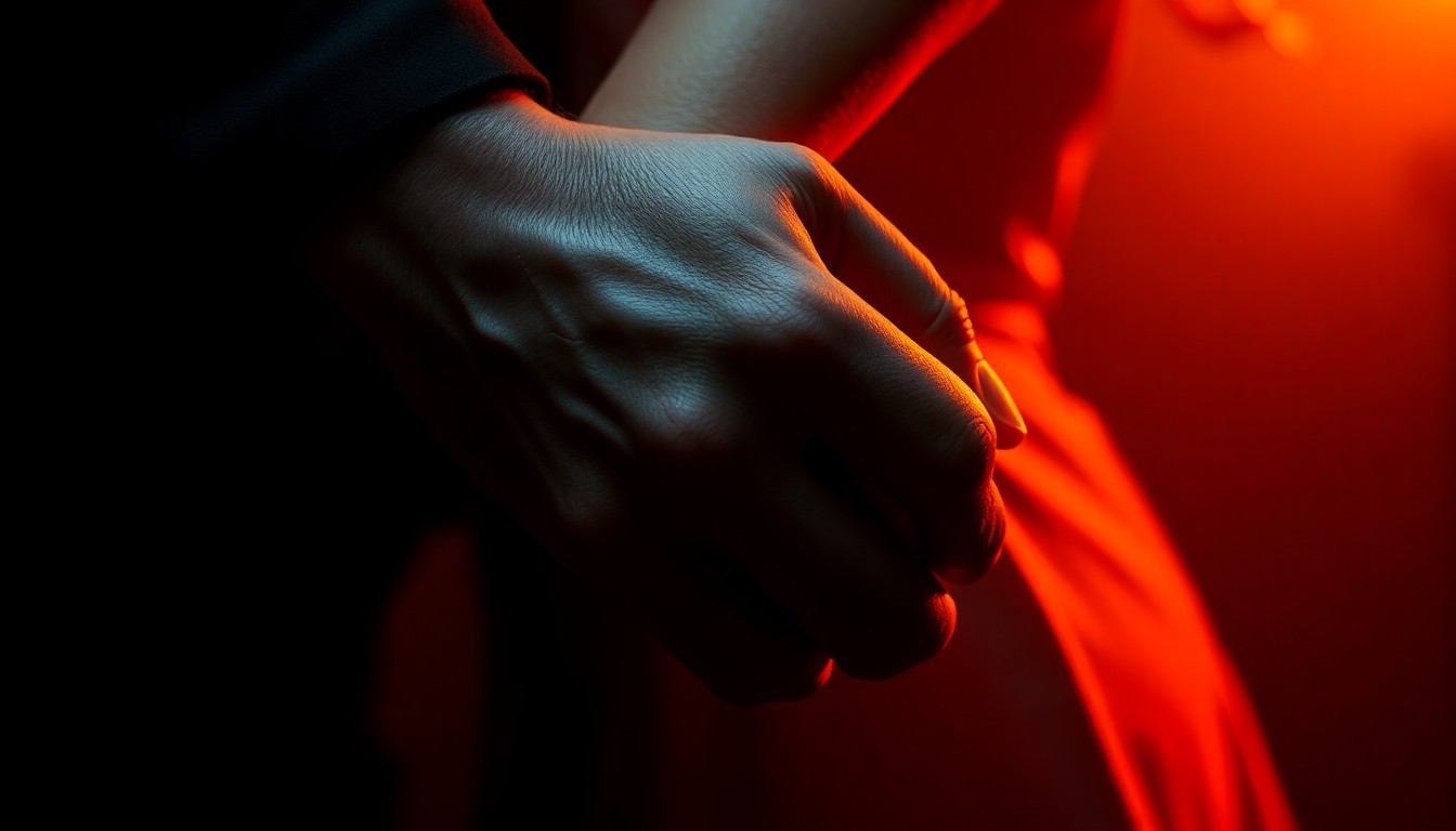 An extreme close-up photograph of two hands intertwined in a passionate embrace, shot with dramatic, high-contrast studio lighting to create a sense of raw, intimate glamour, conceptually representing the intense physical and emotional connection at the heart of the play 'HardLove'.