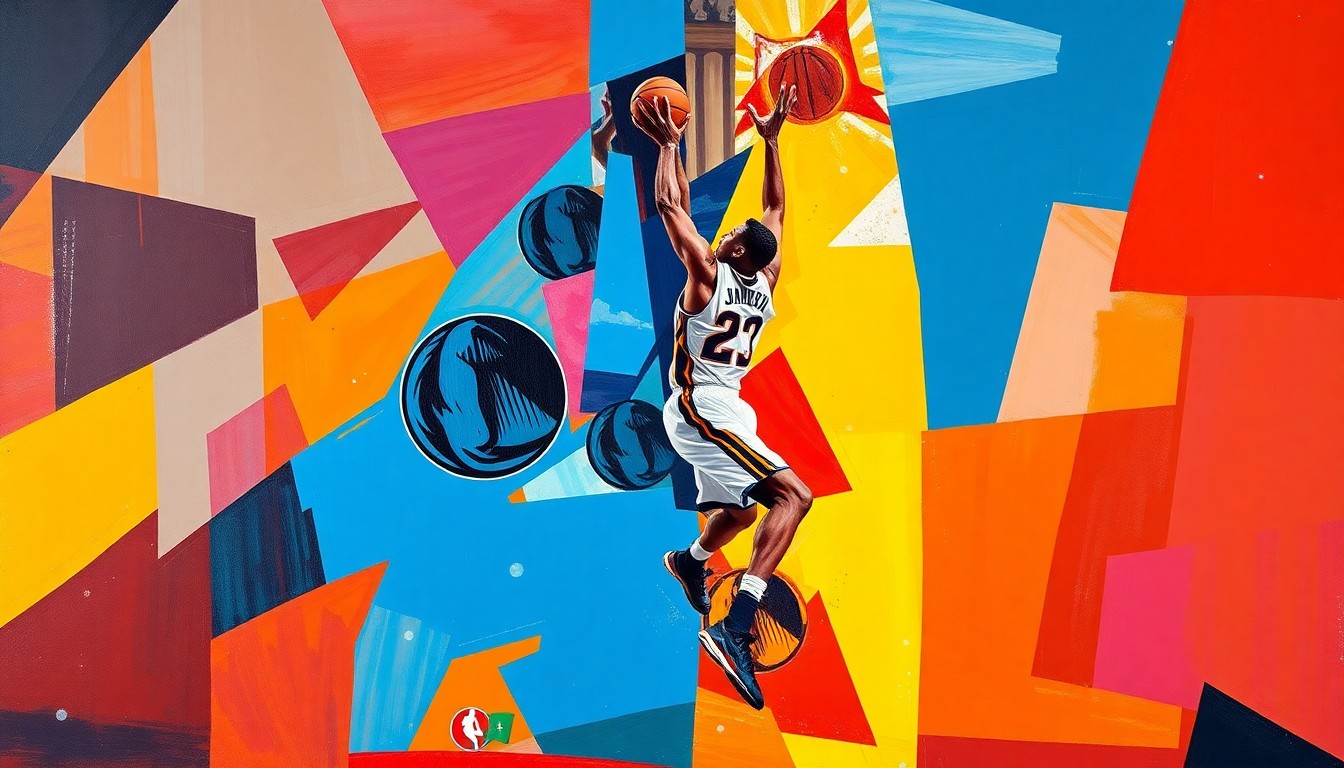 A fragmented, cubist-style painting depicting a basketball player's jump shot broken down into sharp, overlapping geometric shapes in the Suns' and Mavericks' team colors, conveying the dynamic energy and tension of an on-court injury.
