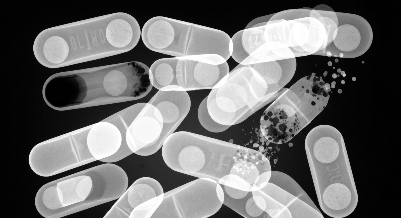A ghostly, translucent X-ray photograph revealing the internal structures of prescription opioid pills in various stages of dissolution, conceptually representing the complex and often hidden nature of long-term opioid use.