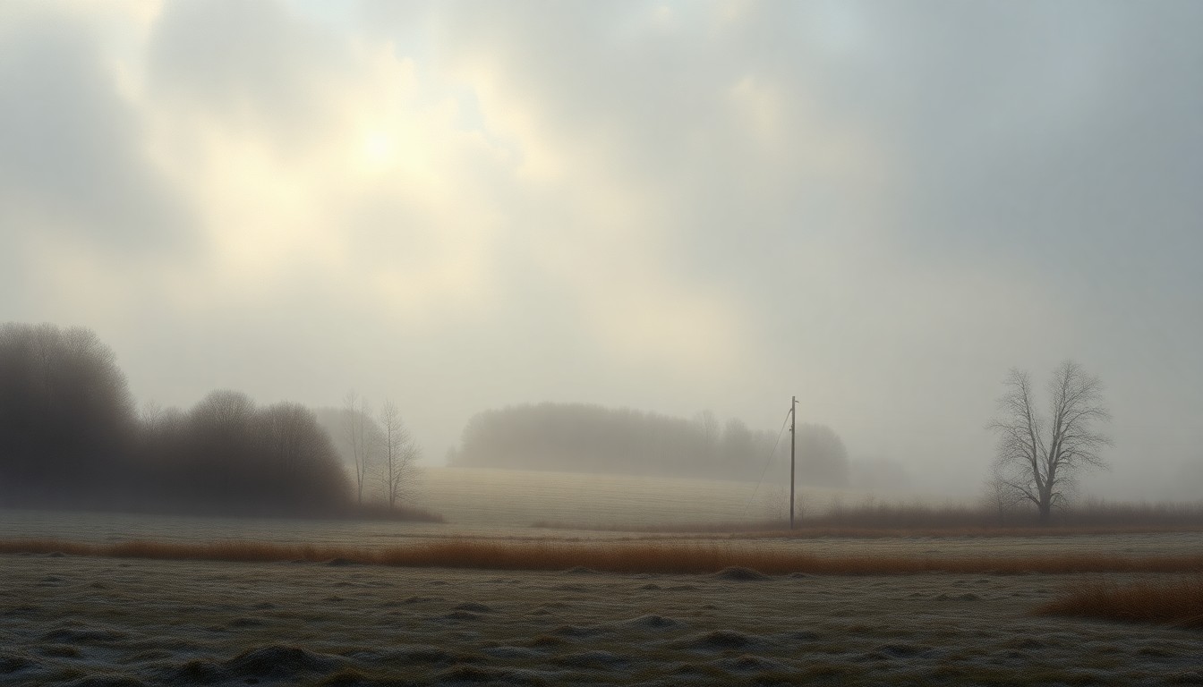 A vast, atmospheric landscape painting in muted tones of gray, blue, and white, depicting a rural Maryland countryside scene enveloped in a thick morning fog, with any physical structures or objects barely visible in the distance, conveying the overwhelming scale and power of the natural environment.