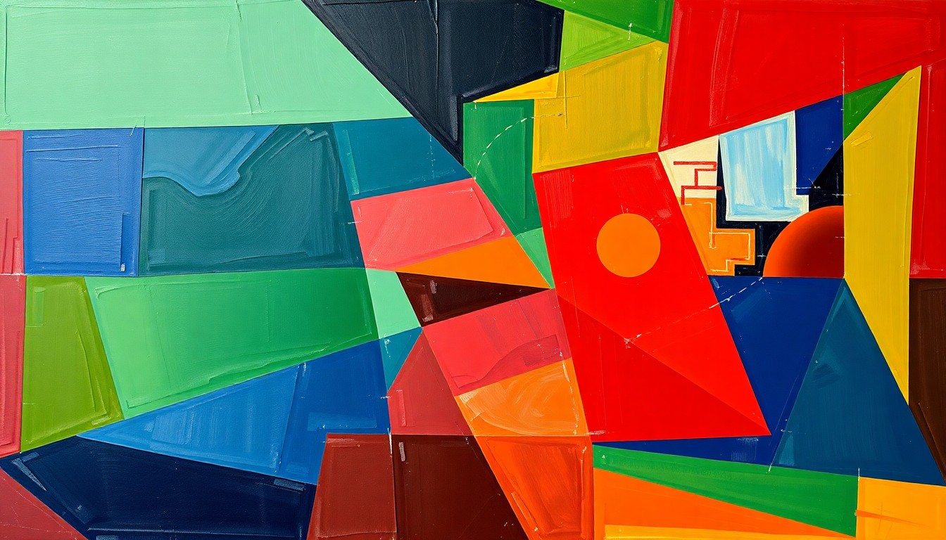 A fragmented, geometric painting in deep blues, greens, and reds, capturing the intensity and motion of a professional basketball game.