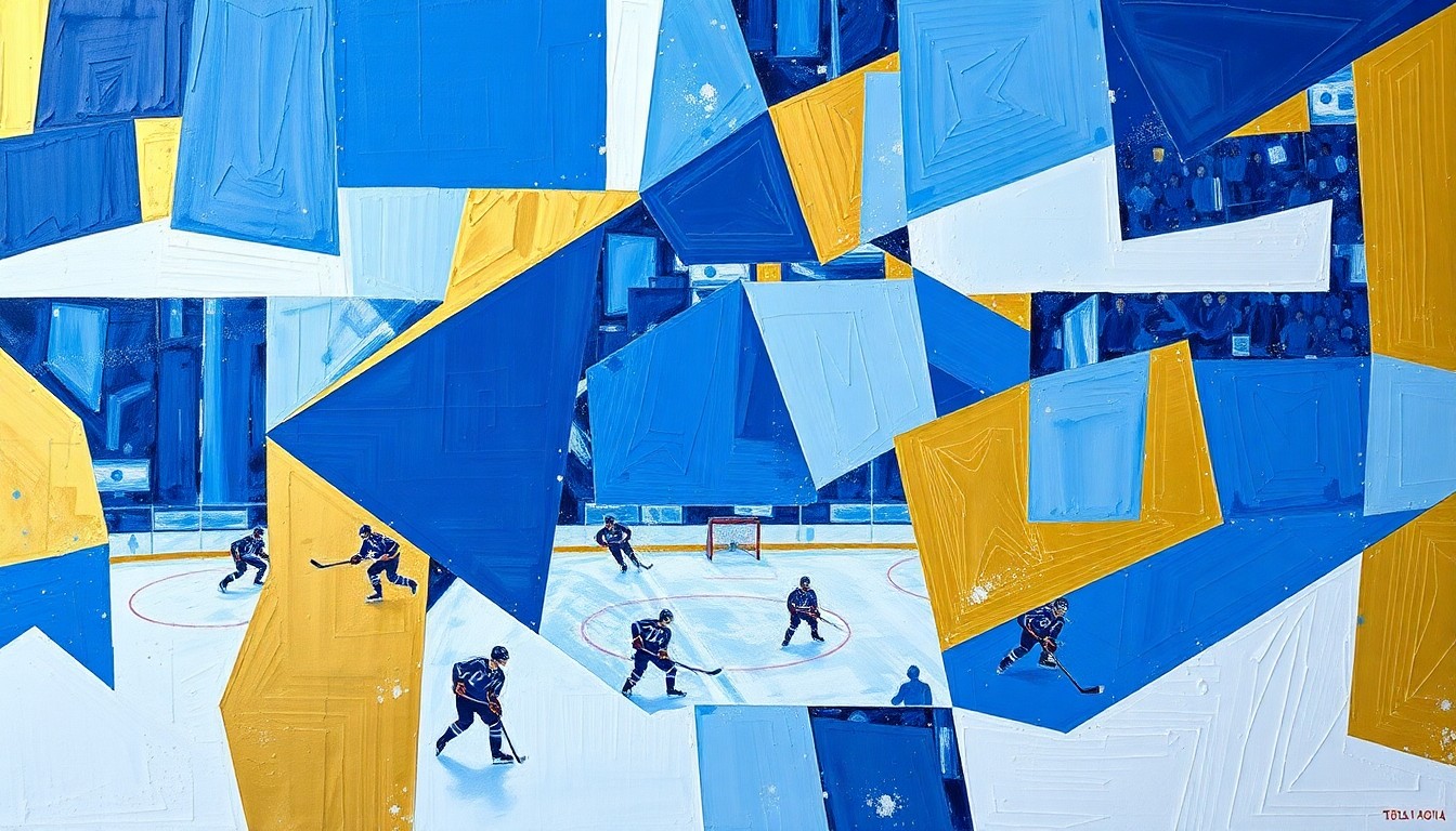 A cubist, geometric painting depicting a hockey game, with overlapping planes of blue, gold, and white representing the players and action on the ice.
