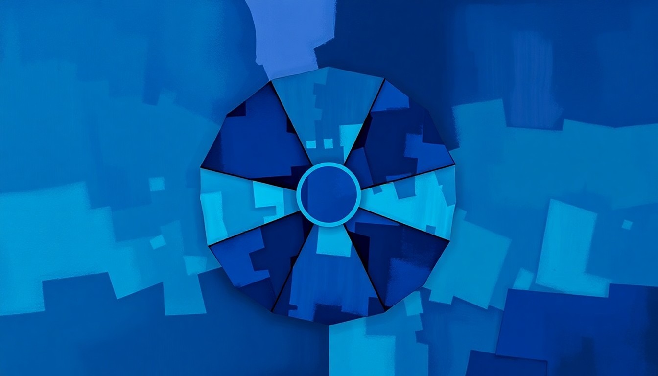 A highly abstract, fragmented painting featuring overlapping, geometric shapes in shades of blue and violet, conceptually representing the tensions surrounding Iran's nuclear activities.