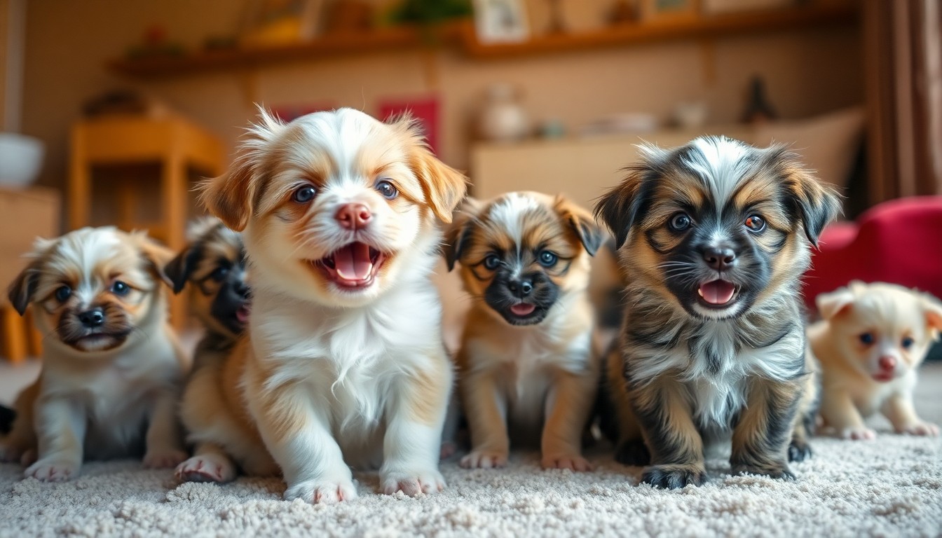 An abstract, out-of-focus photograph in soft, warm tones depicting a group of playful puppies and kittens, conveying the hopeful energy of rescued animals finding new homes.