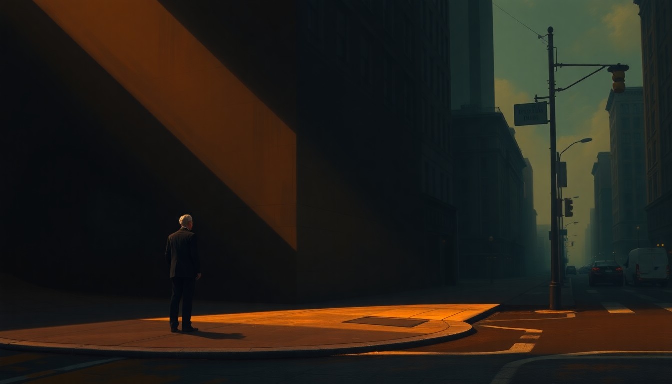 A solitary figure of a politician stands alone on a dimly lit city street corner, the warm glow of sunlight casting long shadows across the pavement, creating a contemplative, cinematic mood.
