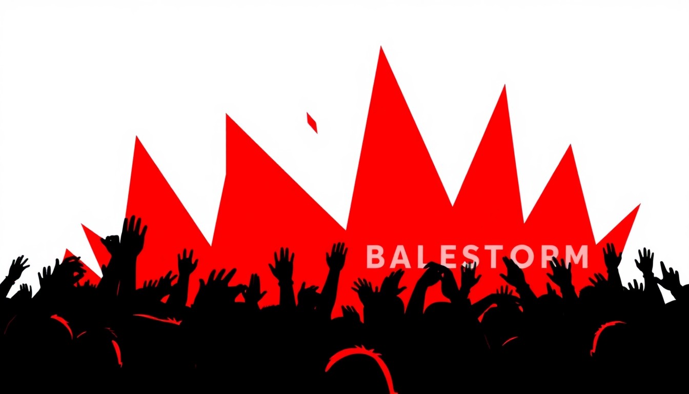 An abstract, minimalist composition of jagged, geometric shapes in bold red, black, and white, conceptually representing the rebellious energy and spirit of the Babymetal and Halestorm concert.