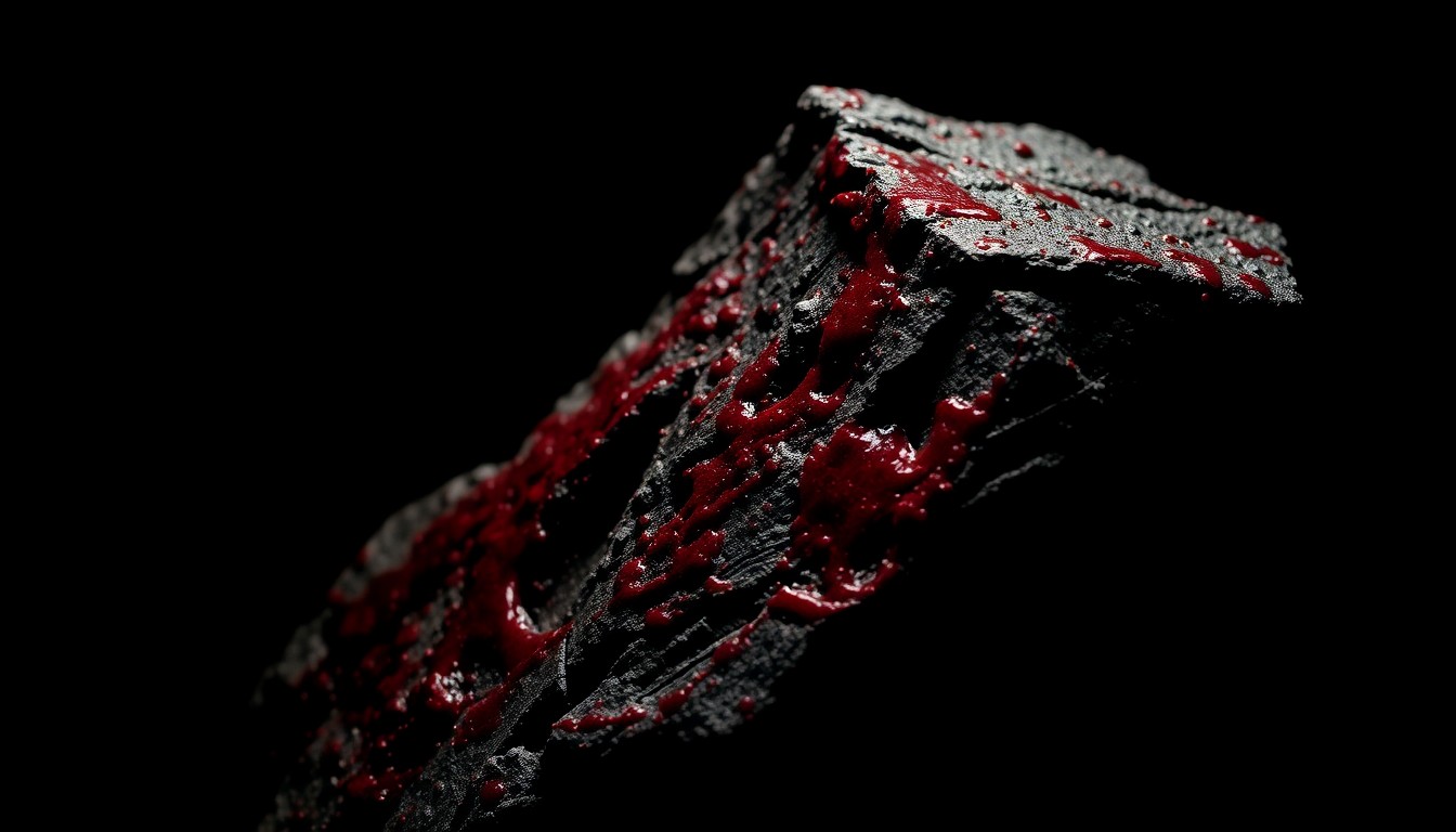 An extreme close-up of a jagged rock covered in dried blood, creating a stark, gritty, investigative aesthetic without depicting actual violence or victims.