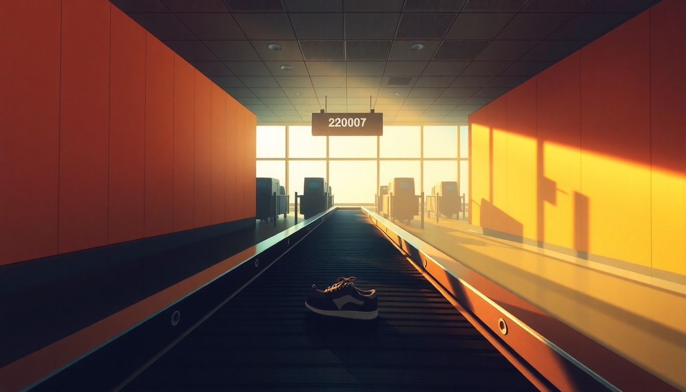 A quiet, cinematic painting of an empty airport security checkpoint with a single pair of shoes on the conveyor belt, bathed in warm, diagonal sunlight and deep shadows.