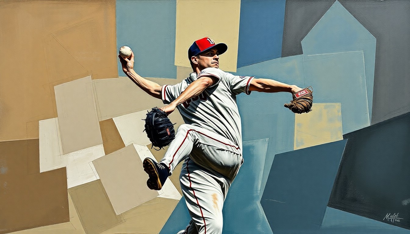 A fragmented, geometric painting depicting the motion of a baseball pitcher, with sharp planes of muted earth tones and deep blues conveying the intensity and pressure of the closer's job.