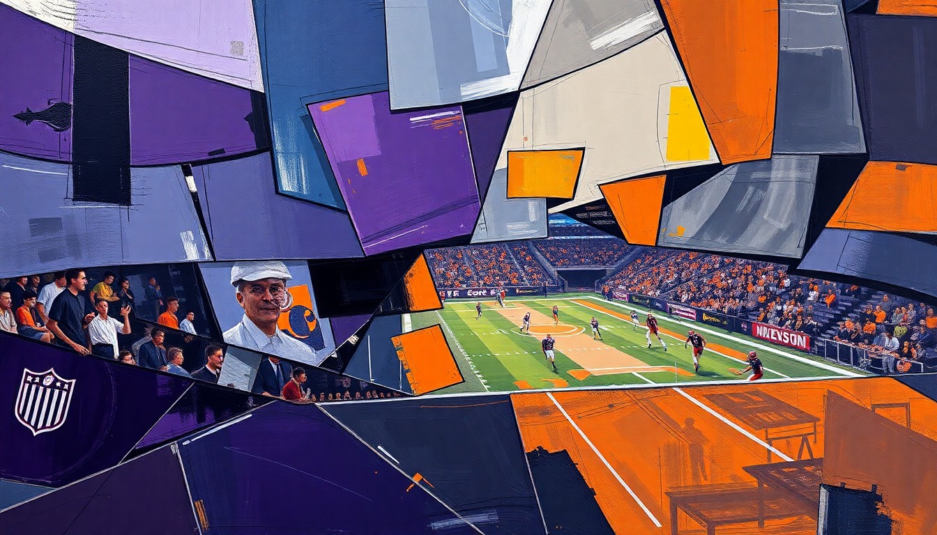 A cubist, geometric painting depicting a football game or match broken down into sharp, overlapping planes of dark purple, steel gray, and burnt orange, conveying the complex dynamics at play in the Ravens' contract talks with Lamar Jackson.