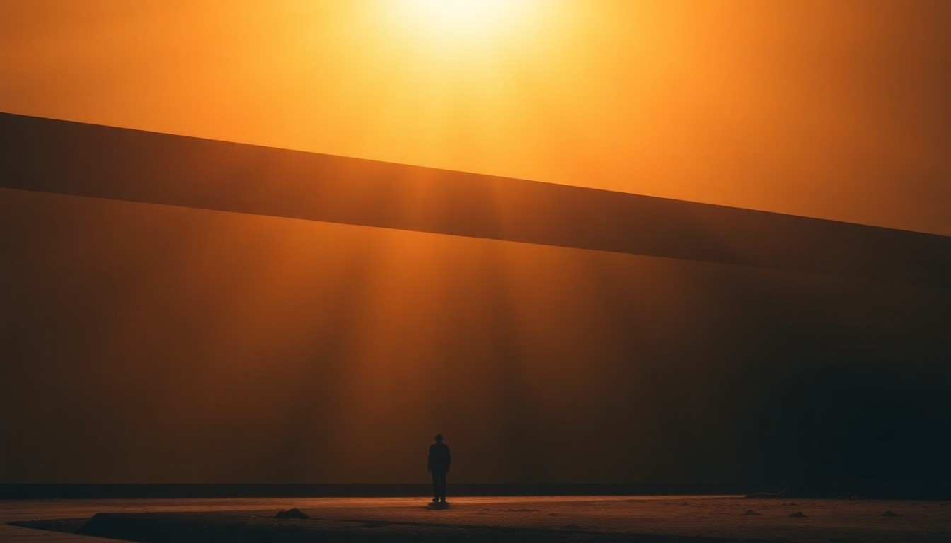 A serene, cinematic painting of a solitary steel beam in a dimly lit interior space, the beam bathed in warm, diagonal sunlight and deep shadows, conveying a sense of political tension and contradiction.