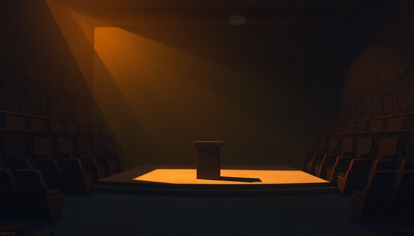 A serene, atmospheric painting of a simple podium in a shadowy auditorium, the stage illuminated by warm, angled light, conveying a sense of quiet contemplation and civic purpose.