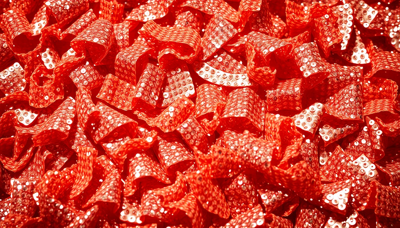 An extreme close-up photograph of shredded, glittering sequins in dramatic, high-contrast studio lighting, conceptually representing the over-the-top, irreverent humor of the Ted TV series.