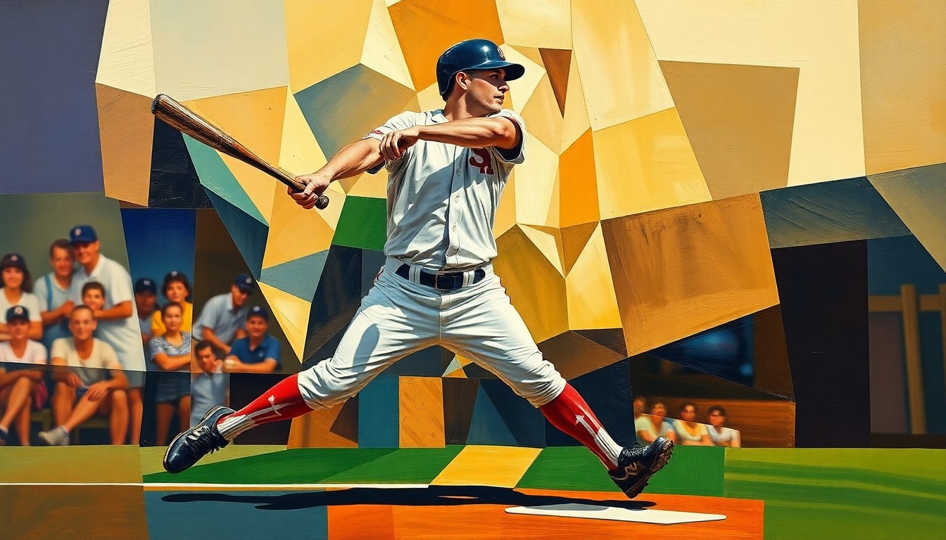 A fractured, multi-perspective painting depicting a baseball player's motion, breaking down the sport's dynamic energy and uncertainty into sharp, overlapping geometric planes in a cubist style.