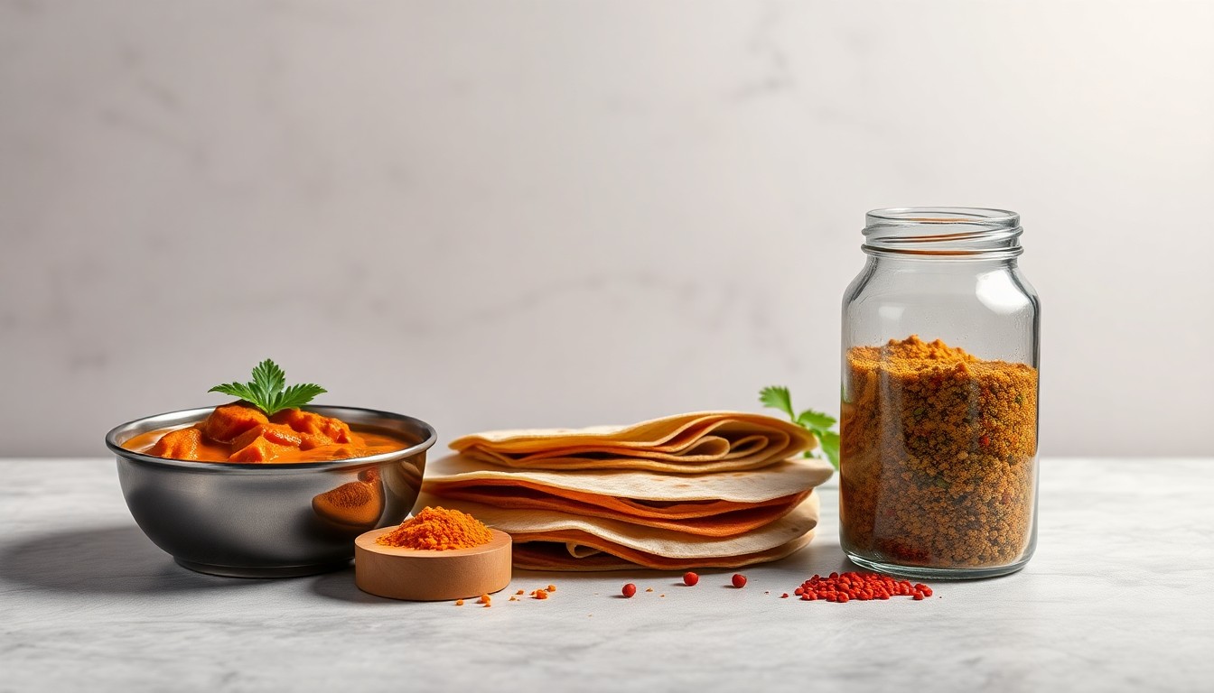 A high-end, photorealistic studio still-life photograph featuring a selection of premium, polished objects arranged elegantly on a clean, monochromatic background, representing the fusion of Indian and Mexican cuisines at Curry & Queso. The objects include a stainless steel bowl of creamy curry, a stack of colorful tortillas, and a glass jar filled with vibrant spices.